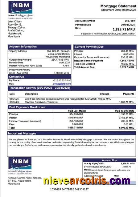Mauritania Nouvelle Banque de Mauritanie (NBM) mortgage statement Word and PDF template